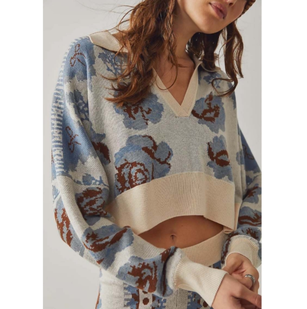 Free People Fuzzy Feeling Polo Sweater Cropped Floral Knit Top